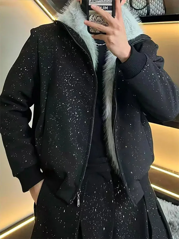 

Thiened Faux Fur Collar Cotton Jaet Men's Faion Warmth Insulated Winter Outerwear Casual Cleanfit Sle Zipper Closure