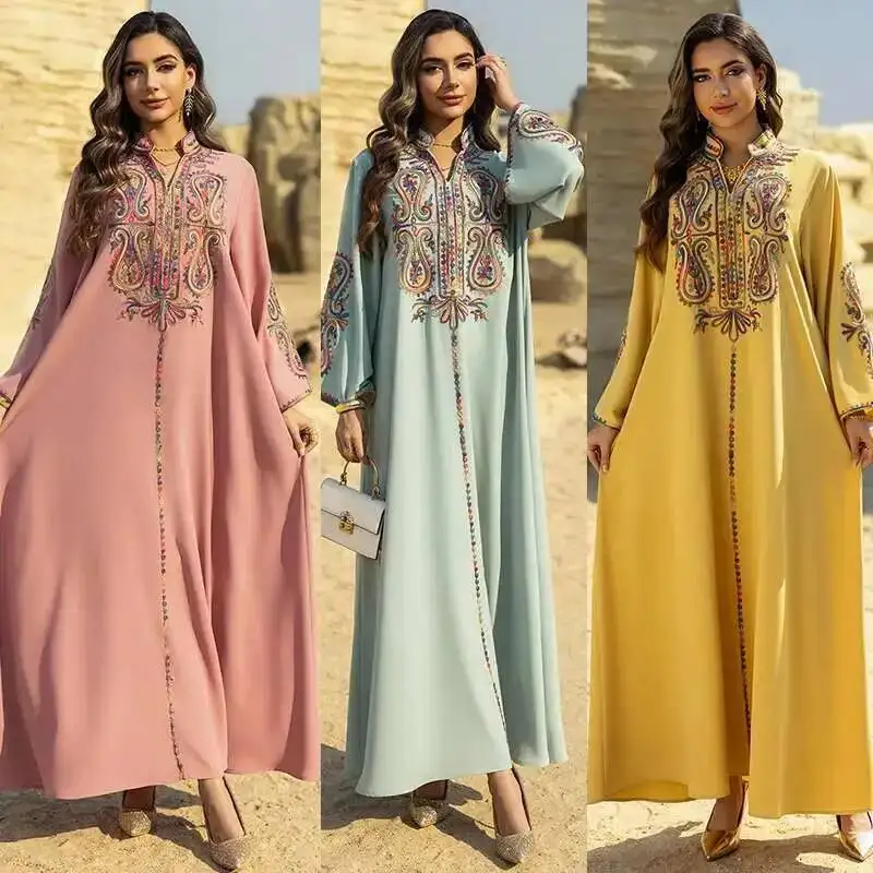 

Ab458 Muslim Clothing Women's Long Sleeve Robe Embroidered Rope Embroidered Dress Jalabiya Ramadan Dubai Luxury Islam Elegant