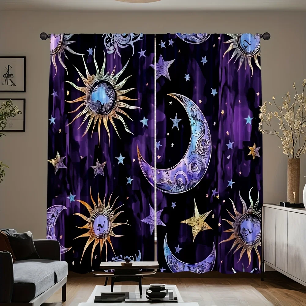 Mond-Sonnen-Muster, 2 Stück, zeitgenössische Vorhänge, 100 % Polyester, Schattentuch, Türvorhang für Schlafzimmer, Wohnzimmer, Außendekoration