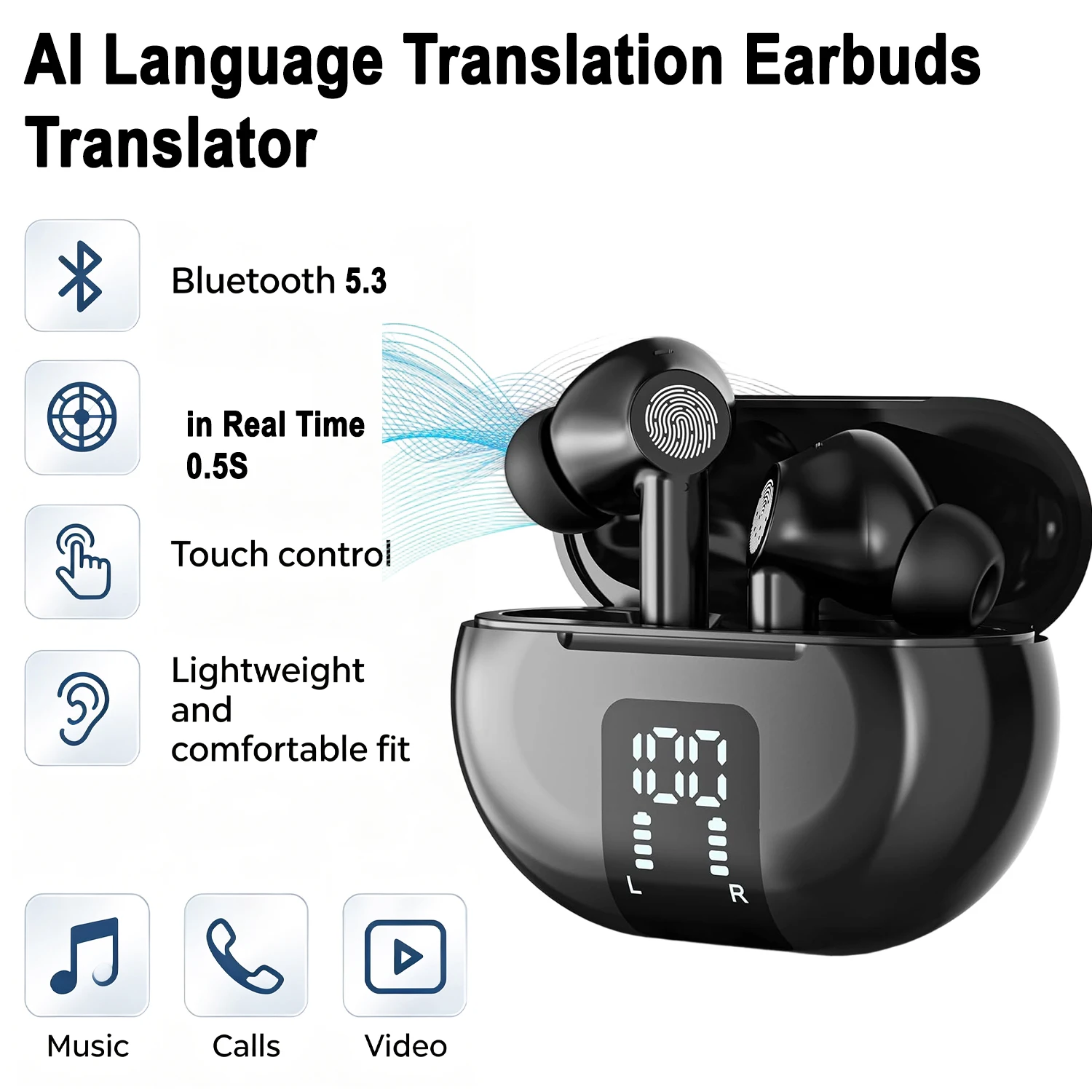 Écouteurs Bluetooth M10 avec interprétation simultanée, prise en charge de 144 langues, traduction en ligne et hors ligne en temps réel, 0,5 s