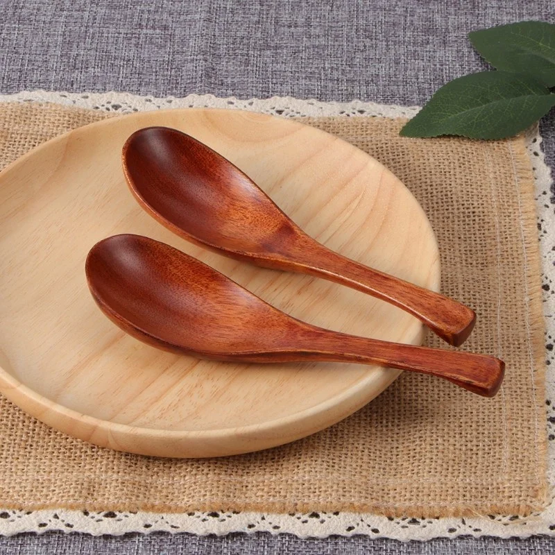 2pcs Household Kitchen Wooden Soup Short Handle Spoon Tableware Cutlery