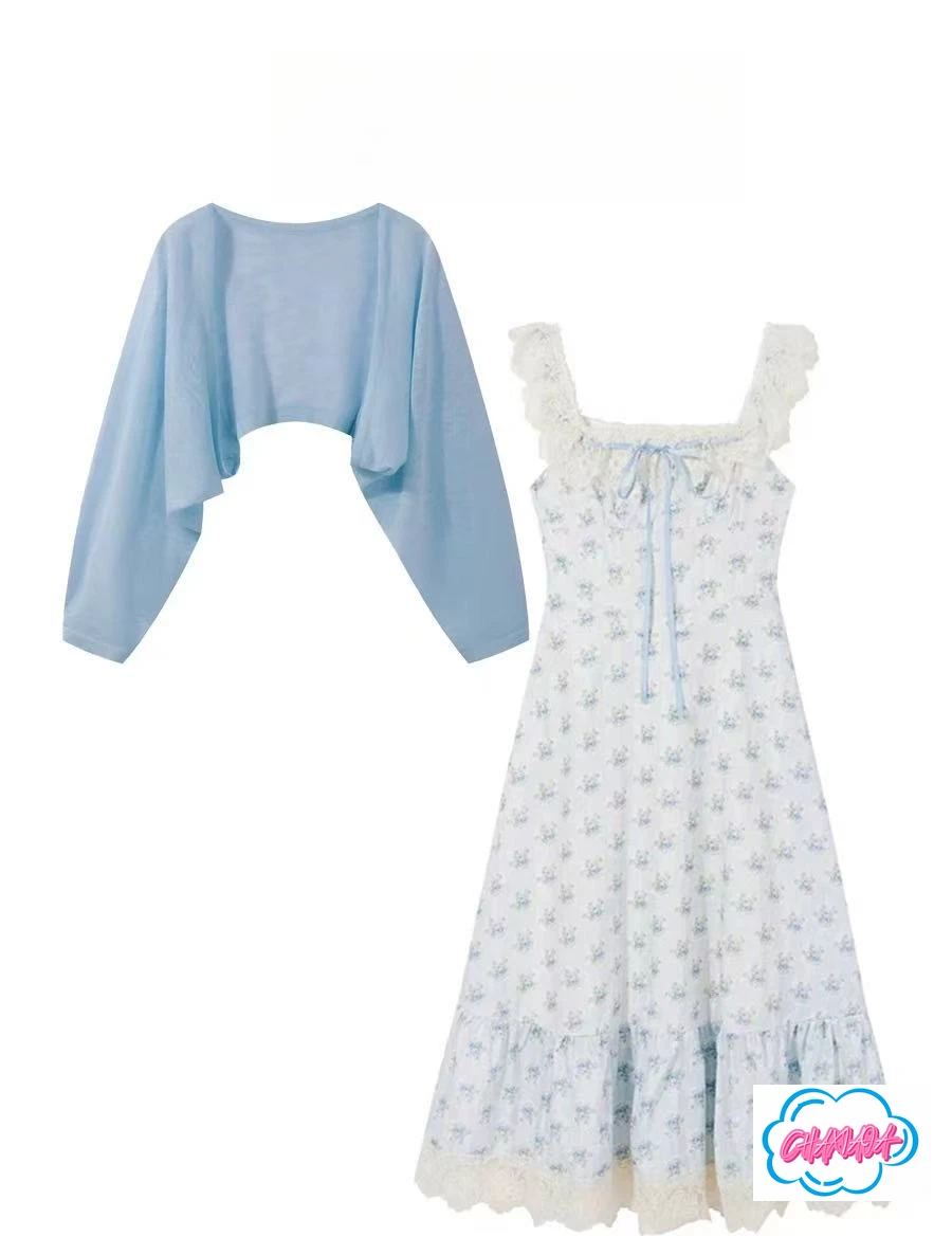 

Korean Lolita Gentle Girl Style Waist White Doll Collar Floral Lace Edge Dress with Blue Shawl Cardigan Two-piece Suit Women