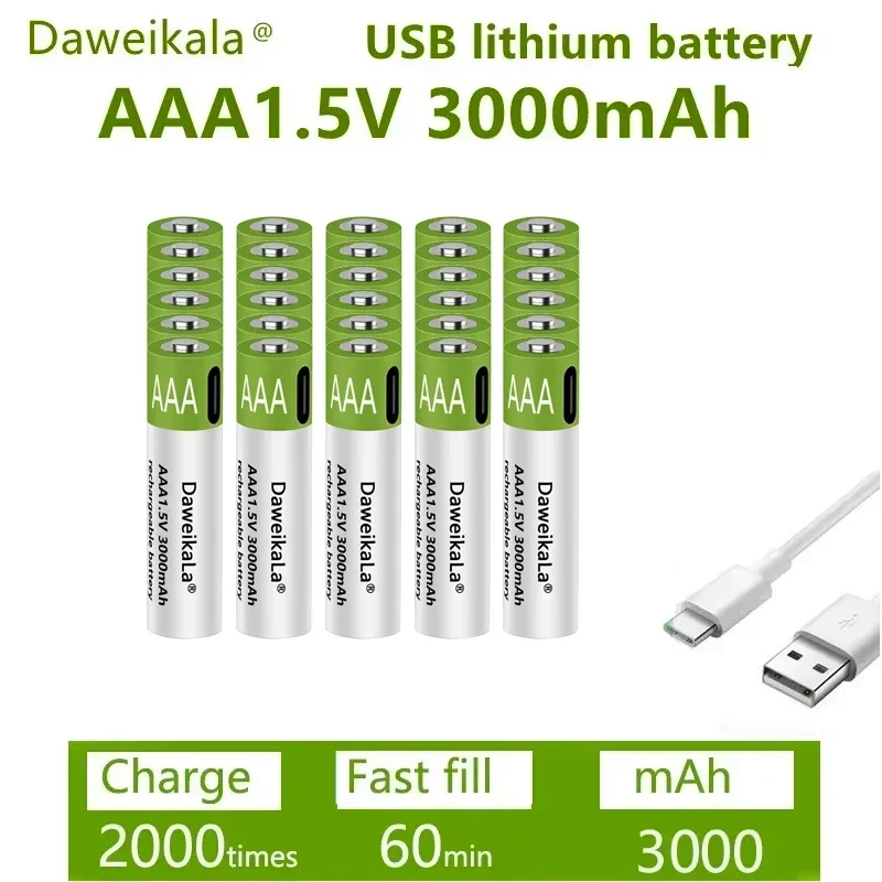 New 1.5V AAA Rechargeable Battery 3000mAh Rechargeable AAA Battery Lithium Polymer Battery Quick Charging by Type-C USB Cable