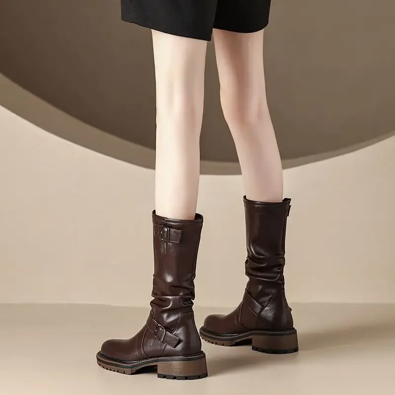 Half High Boots for Women Middle Heel Black Round Toe Mid Calf Shoes Woman Demi-season Spring 2024 Winter Novelty Pu Y2k Goth 39