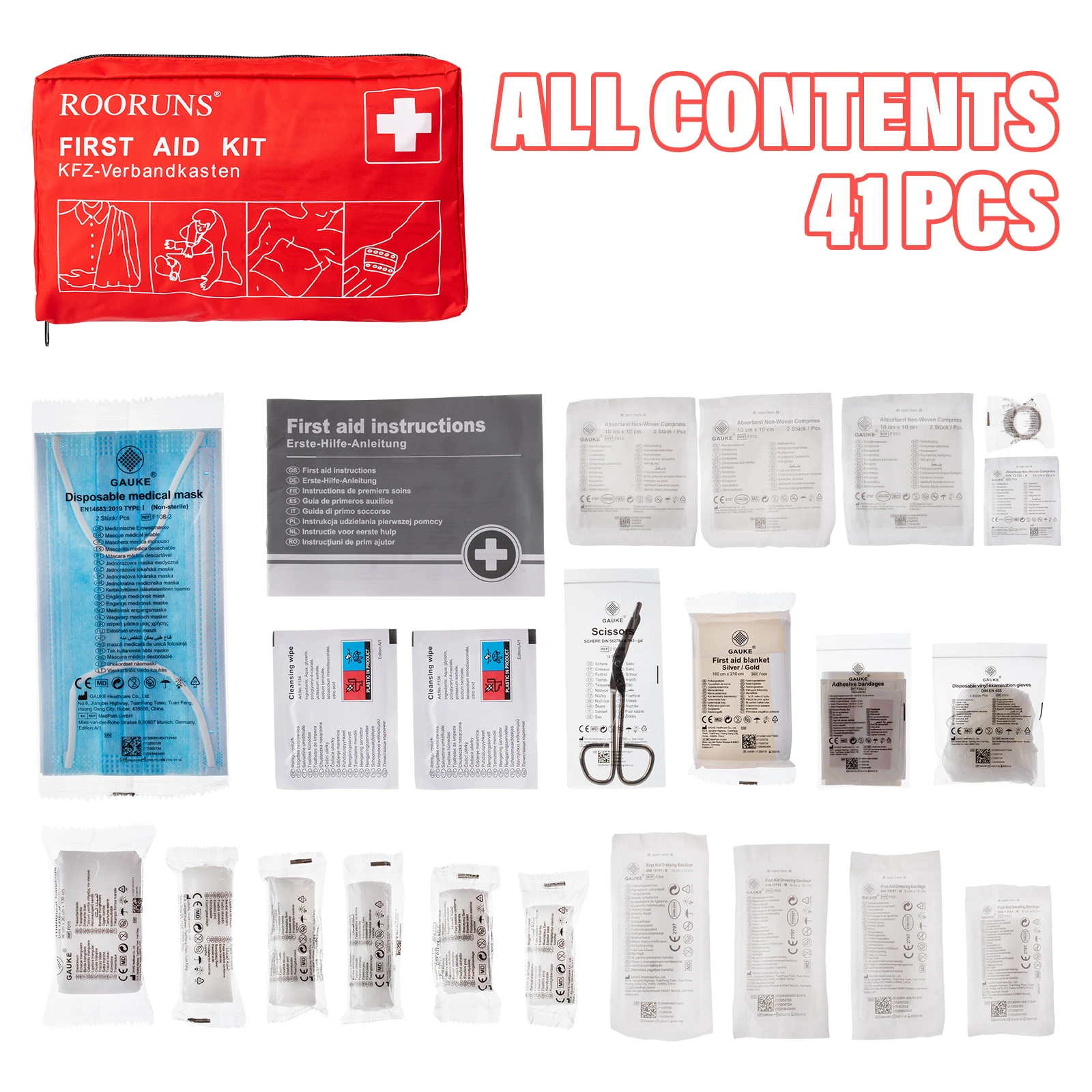 First Aid Bag Kit - ชุดปฐมพยาบาลพกพา ROORUNS 41 ชิ้น กระเป๋าแพทย์ฉุกเฉินกันน้ำสำหรับรถยนต์ บ้าน
