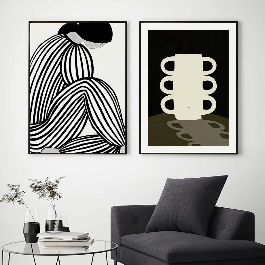 Abstract Stripe Curve Line Woman Flower Vase Posters Art Prints Canvas Painting Wall Pictures Living Room Home Indoor Decoration