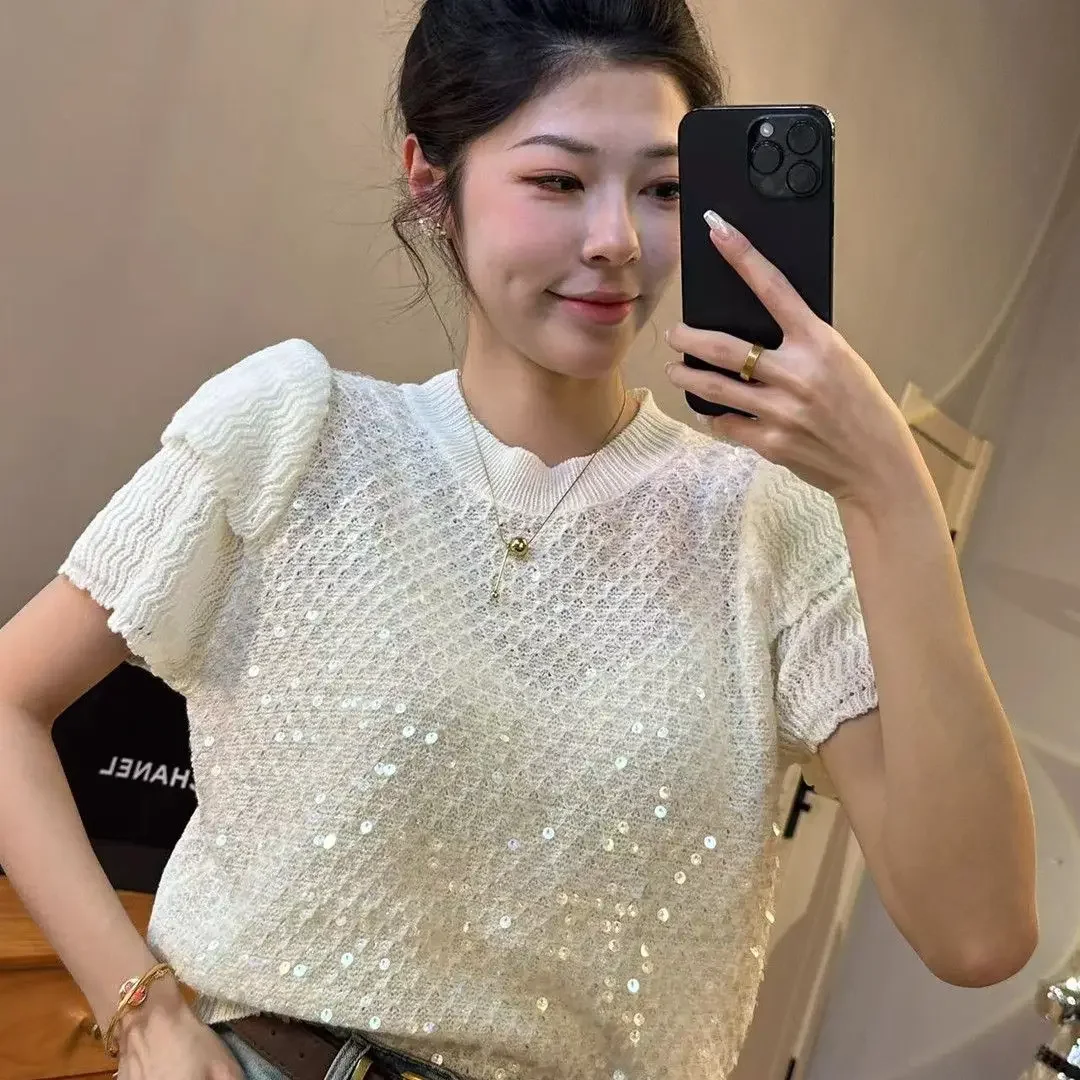 French style sequin round neck flower bud short sleeved knitted sweater for women\'s spring new gentle style loose top