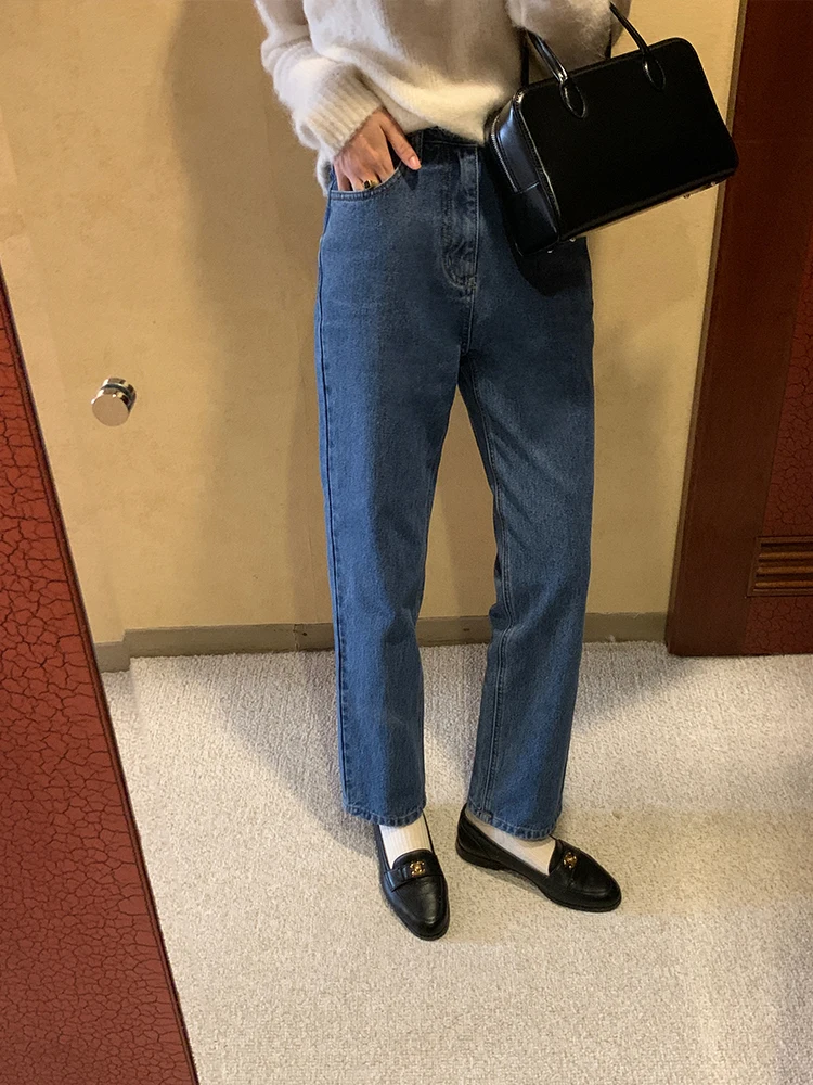 

Свободные женские джинсы на подкладке в стиле ретро, корейские повседневные длинные брюки, прямые джинсовые брюки, осенняя модная одежда