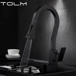 TOLM-torneira pia preta pull-out com pulverizador pull-down, torneira misturadora de cozinha