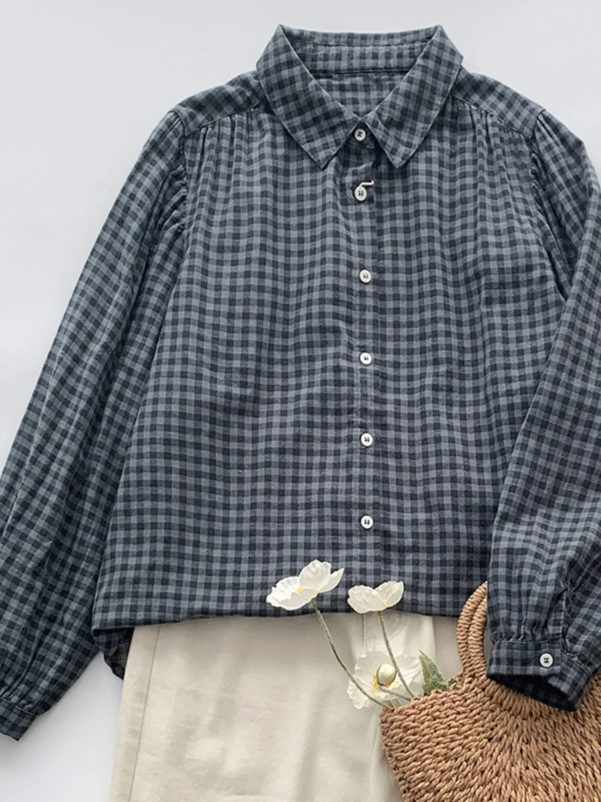 일본 슬레 순면 린넨 체크 루즈 캐주얼 네 롱 스웨 여성용 트렌디 출퇴근 슬레 얇은 소재