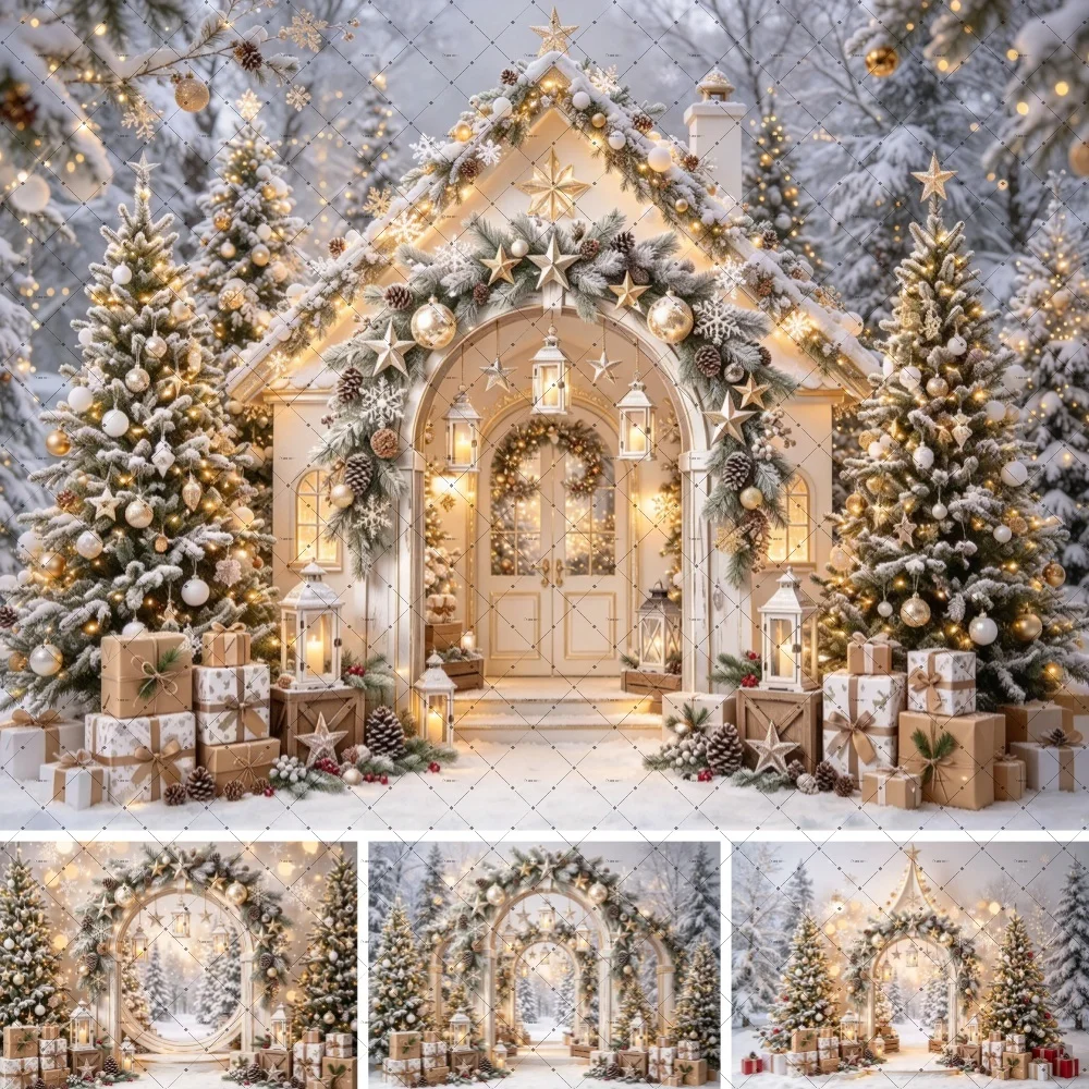 Christmas Snowy Cottage House Backdrop Golden Xmas Tree Photo Background Family Portrait Holiday Newborn Photography Background