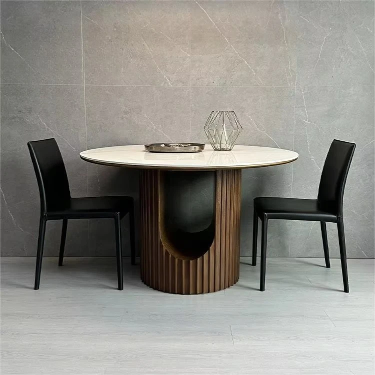 &c Dining Table Solid Wood Base Sintered Stone Top Round Shape U-Cutout Design for Living Room Home Interior Decor Mesa