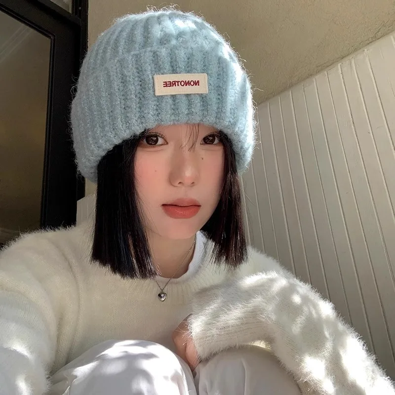 Korean Blue Knitted Wool Hats Elastic Cap Winter Windproof and Warm Beanie Hat Solid Color Cap Covers Unisex The Head Ears Women