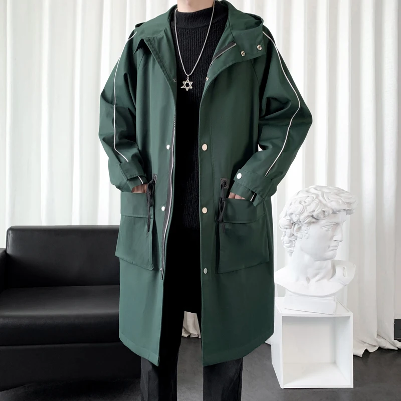 2024 Mens Trench Coat Fashion Casual Slim Fit Solid Long Business Windbreaker Outwear Homme Overcoat