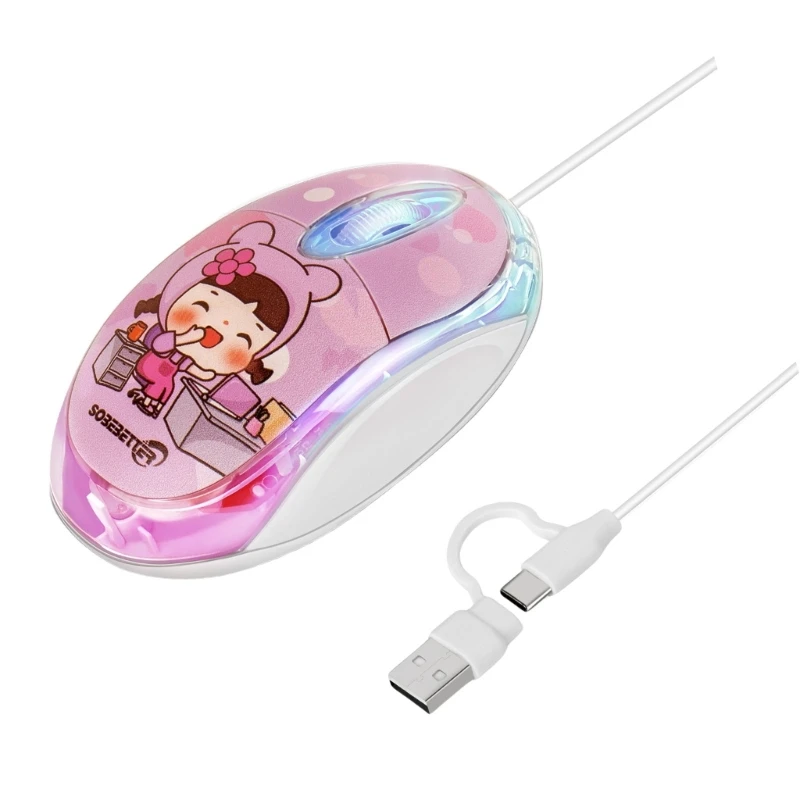 2 in 1 USB TypeC Wire Mouse USB A Wire Mouse 7 LED Backlight 1000DPI 3 Buttons Easy to Use for Windows7 Laptop Phone