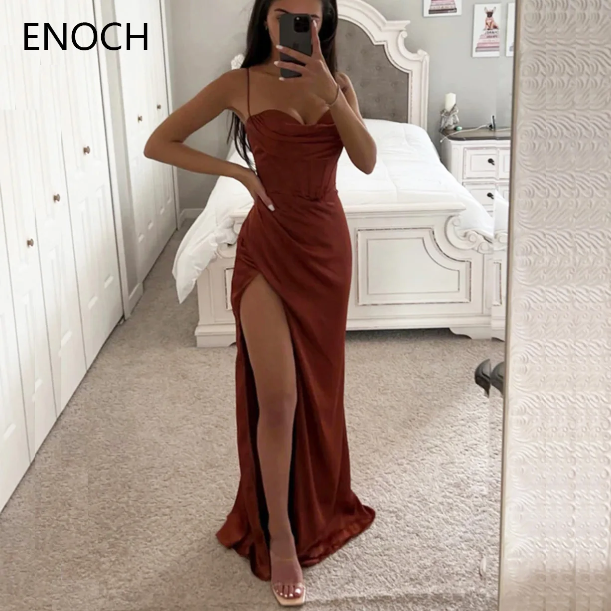 ENOCH Sexy Side Slit Sereia Vestido de Noite Novo Spaghetti Straps Querida Backless Satin Party Prom Vestidos Formais فساتين الحفلات