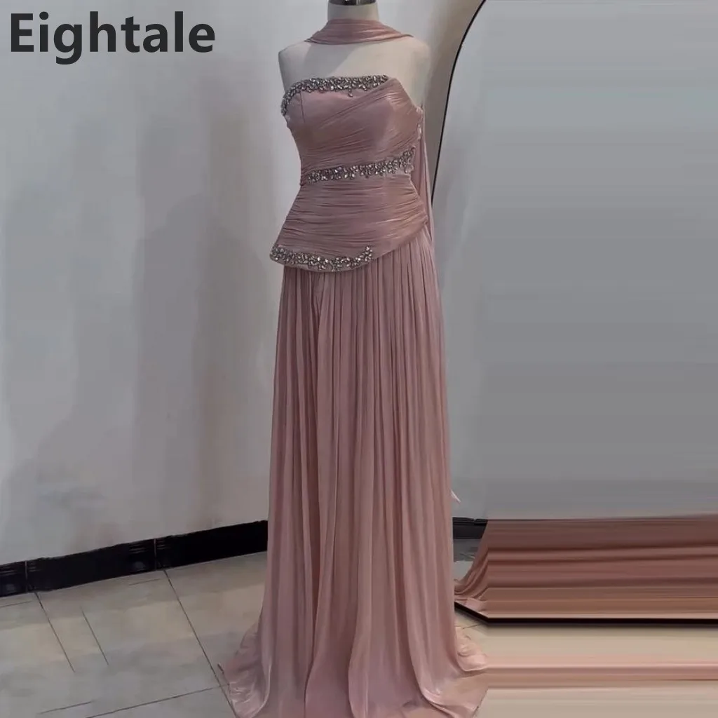 فستان سهرة طويل وردي على شكل حرف A من Eightale 2025 مطرز بدون حمالات لحفلات الزفاف الرسمية والحفلات الراقصة فستان حفلات دبي مخصص