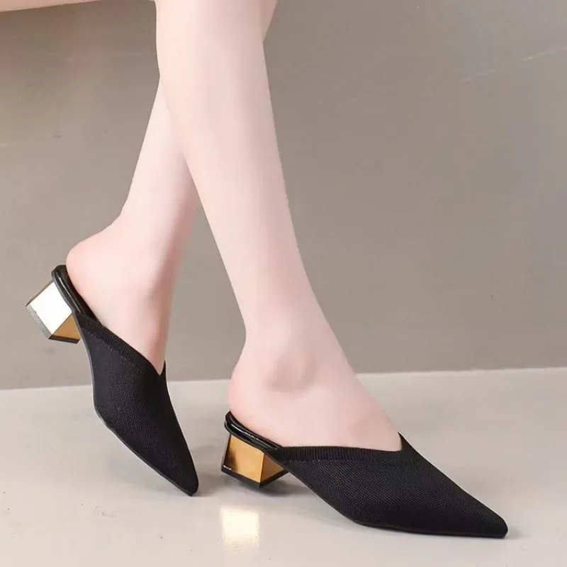 Baotou Semi-slippers Women\'s Spring and Summer New Pointed-toe Breathable Lazy Mid-heel Sandals
