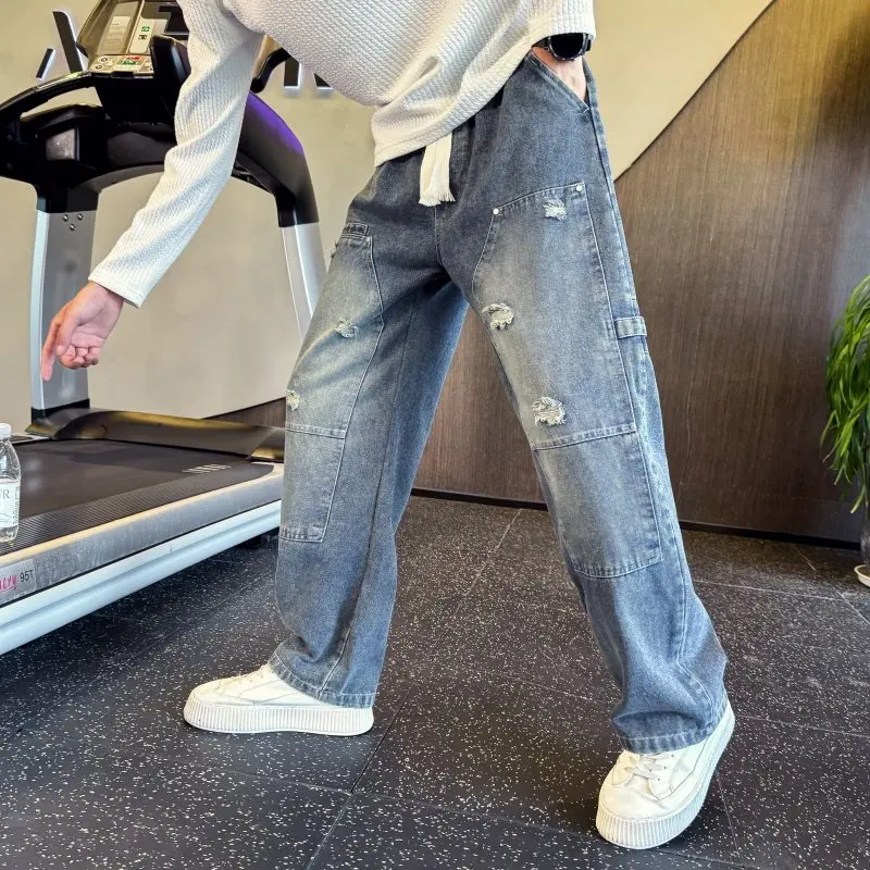 

Модные мужские джинсы прямого кроя, свободные, повседневные, в корейском стиле, осенне-зимние, с небольшими прорезями, свободного кроя, классические синие