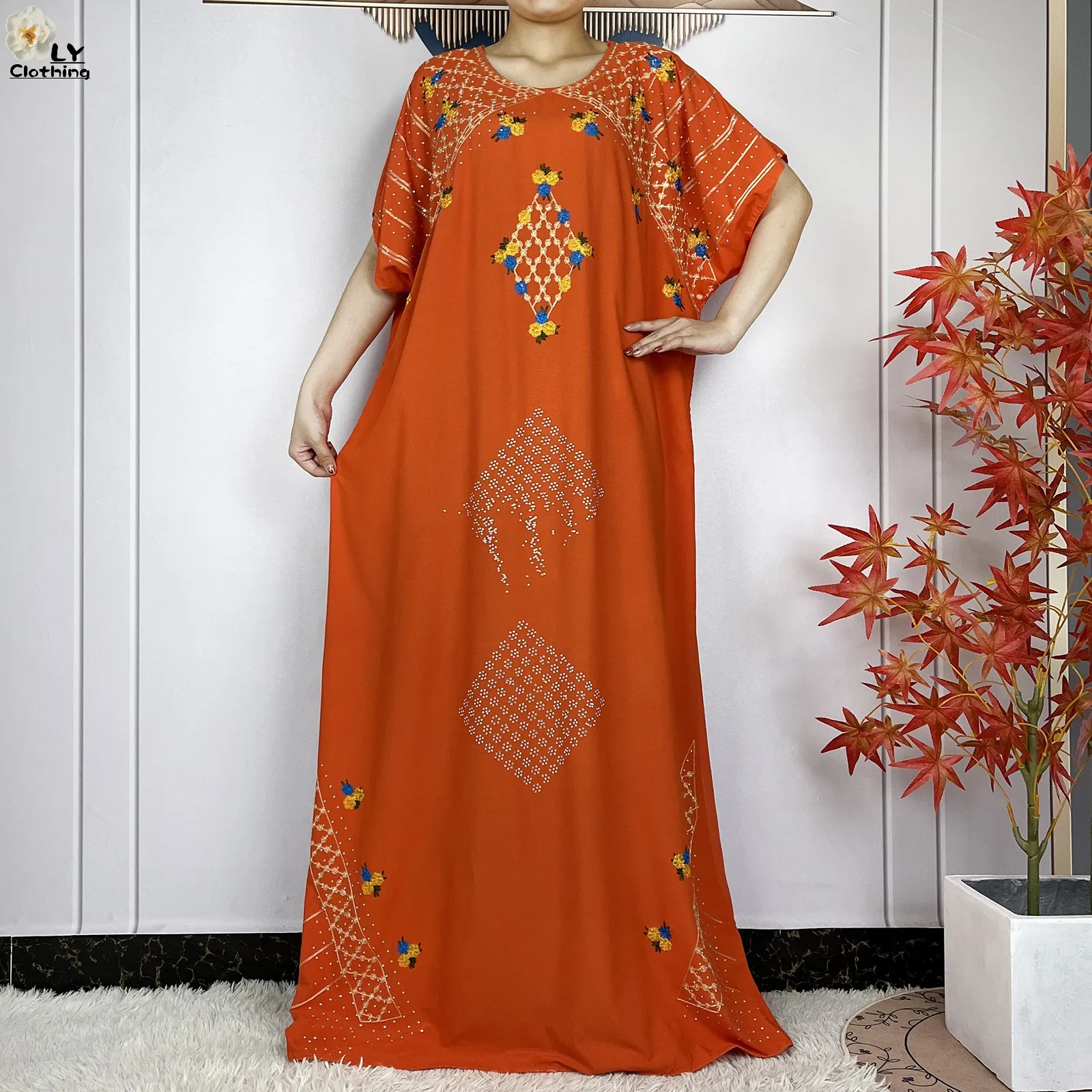 New Muslim Abaya Femme Short Sleeve Dress With Big Scarf 2024 Summer Women Loose Maxi Embroidery Cotton African Islamic Clothing