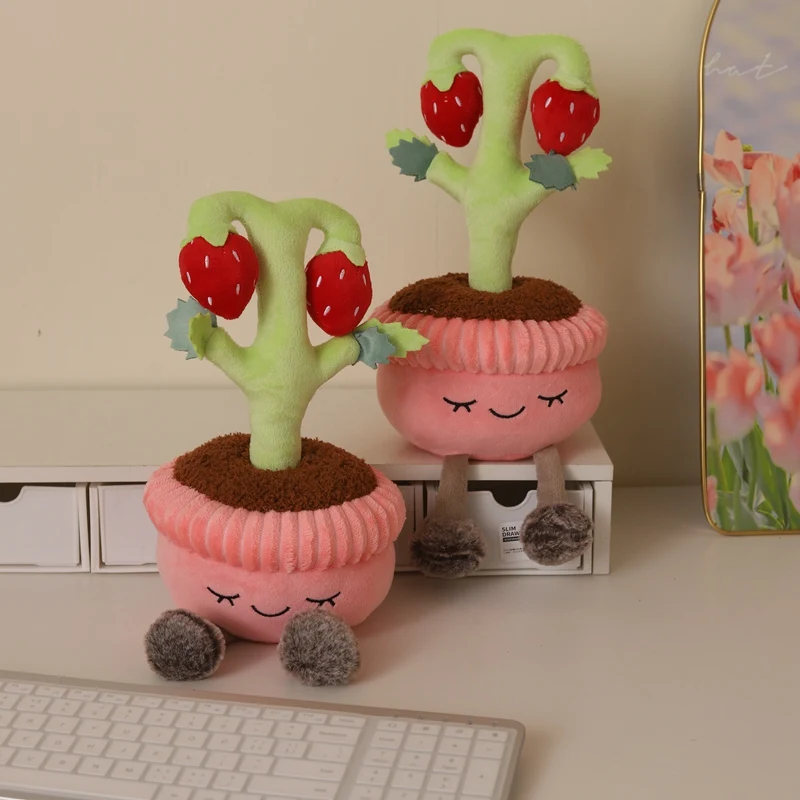 Funny Strawberry Potted Plant Plush Toys Soft Pretty Cartoon Fruit Toys Lovely Desktop Decor Kids Game Props Pretty Xmas Gift