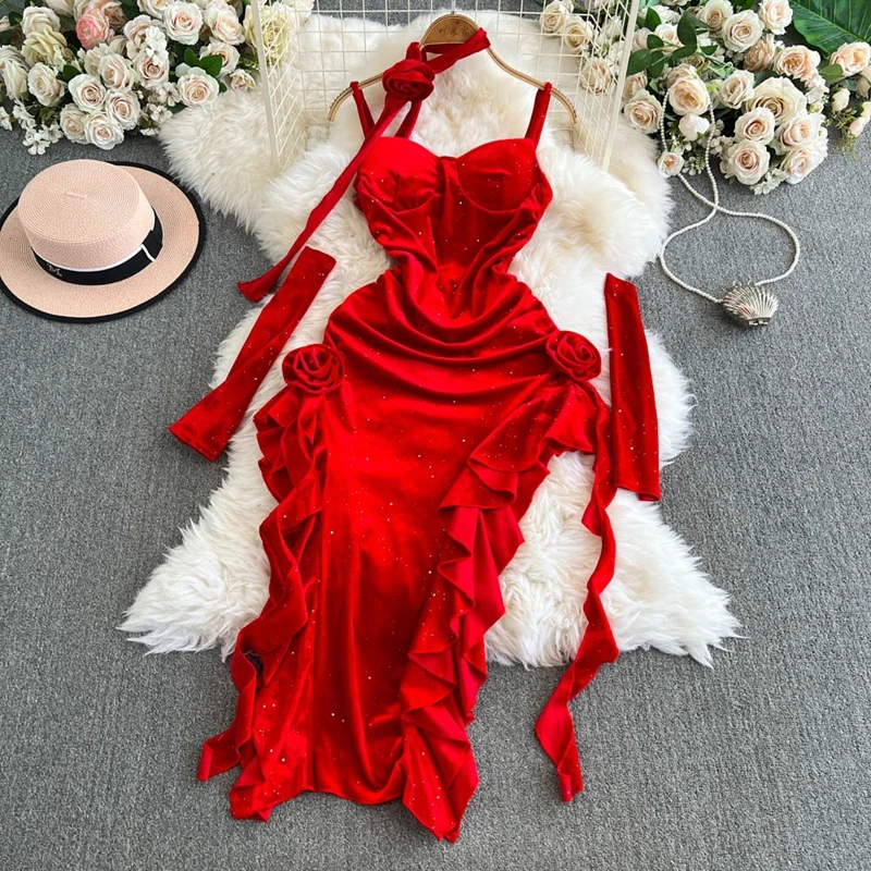 French Retro Red Velvet Suspender Dress for Women Irregular Slit and Sexy Hip Hugging Heavy Dress