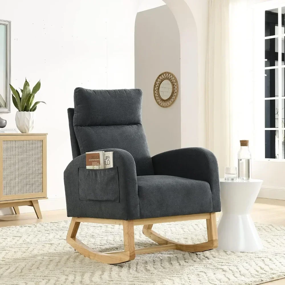 Modern Fabric Tall Back Accent Rocker Chair Upholstered Arm Chair w/Side Pockets, Modern Leisure Single Sofa