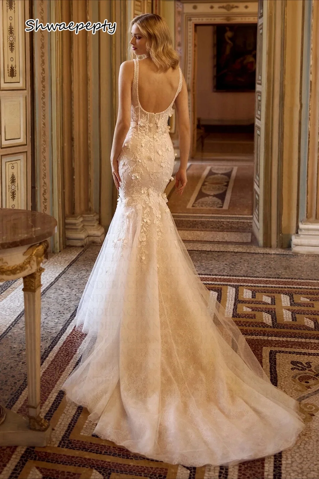 Suknia ślubna syrena bez pleców, koronkowa, w stylu boho, bez rękawów, z aplikacjami kwiatowymi, trenem dworskim, Vestidos De Novia, szyta na miarę