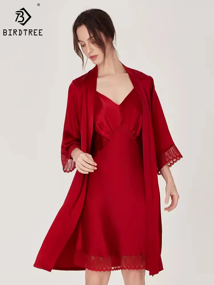 

Birdtree 100%Mulberry Silk Sleeping Robes Dresses Sleepwear Sexy Elegant Women Two-Piece Bathrobe Sets Lace Nightwear S39874QM