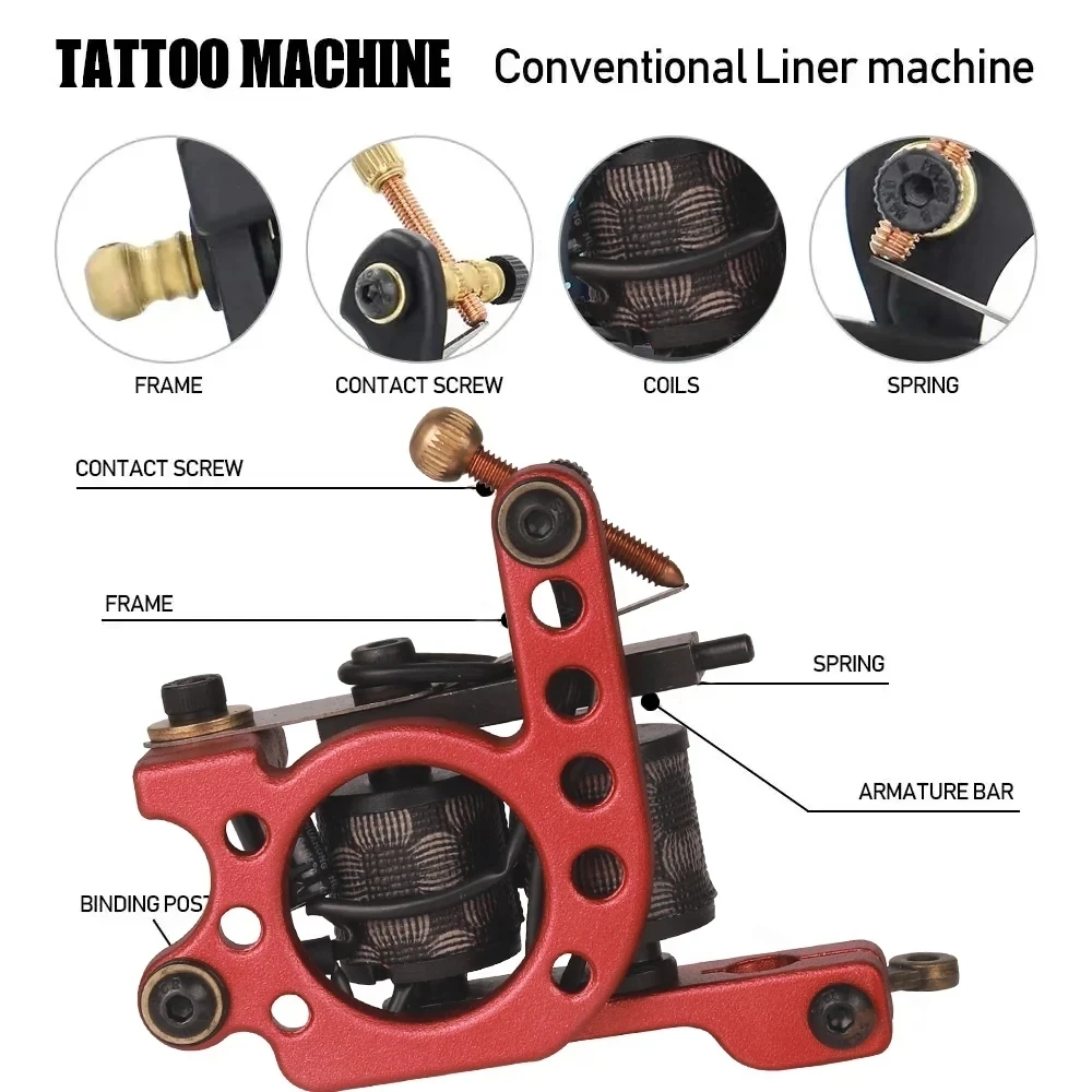 Coil Tattoo Machine Kit 10 Wraps Coil Machine Gun Set for Tattoo Liner Shader with Power Supply Ink Pigment Tattoo Beginner Set