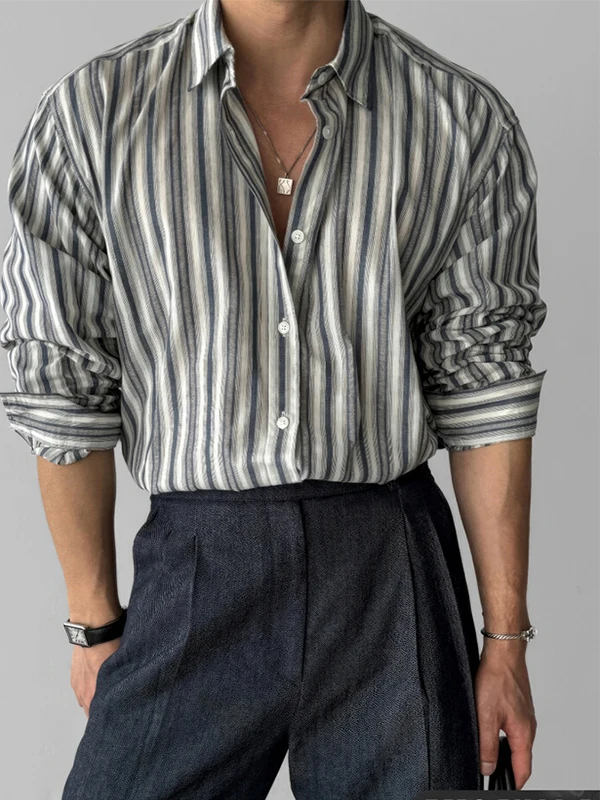 

Свободный крой Long Sve для мужчин irt в вертикальную полоску Гонконг Sle Ретро Faion Осень Новое поступление Удобное полиэфирное волокно