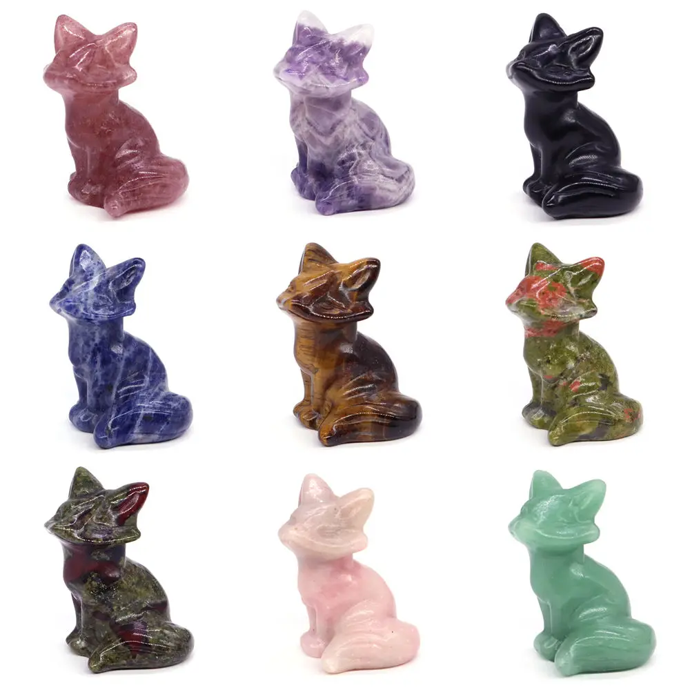 40mm Natural Stone Carved Charms Crystal Fox Statue Reiki Gemstone Trinkets Christmas Toy Gifts Healing Jewelry Animals Decor