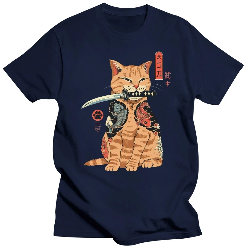 Japanese Style Cat Anime Samurai Sword Cotton T Shirt Summer Cool Ptinted T Shirts Street Funny Short Sleeve Top Men Rock Tshirt