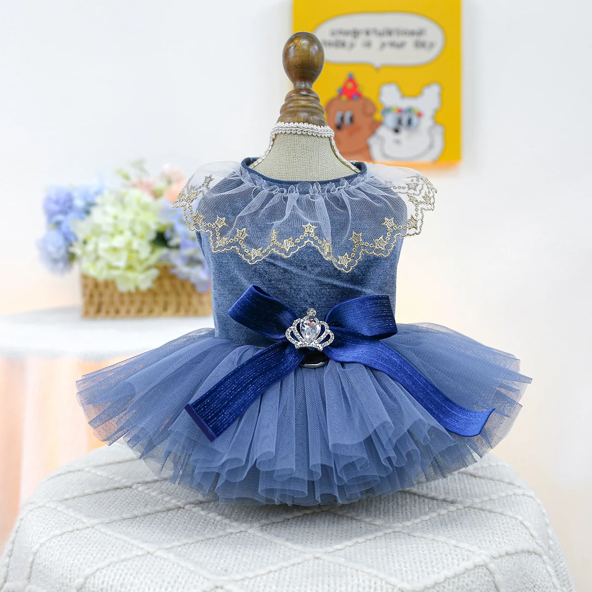 1PC Pet Clothing Spring and Autumn Royal Blue Dress Wedding Princess Dress Suitable for Small and Medium sized Dogs