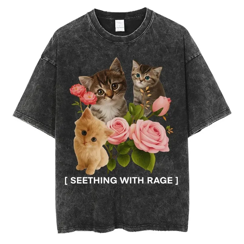 Lustiges Katzen-Meme T-Shirt Vintage Gewaschene Baumwolle Retro Harajuku Grafik-T-Shirt Streetwear Unisex Oberteil
