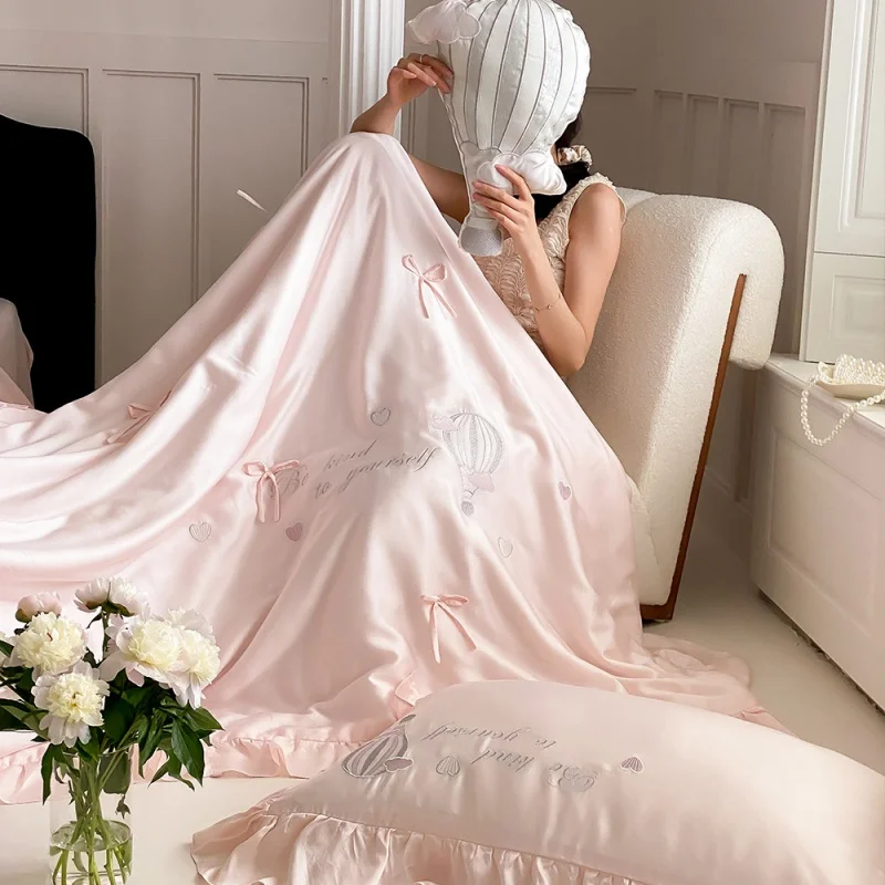 

Beautiful Girl Heart Tencel Cotton Quilt Four-Piece Set Ice Silk Summer Blanket Cool Feeling Airable Cover Thin Duvet