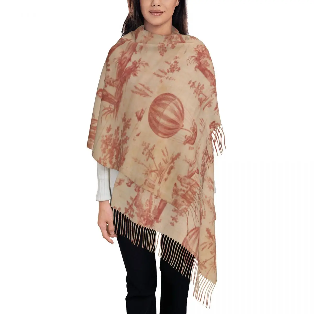 CustomToile De Jouy The Ballon Of Gonesse Scarf Wrap Women Long Winter Warm Tassel Shawl Unisex Hunting Scenes Scarves