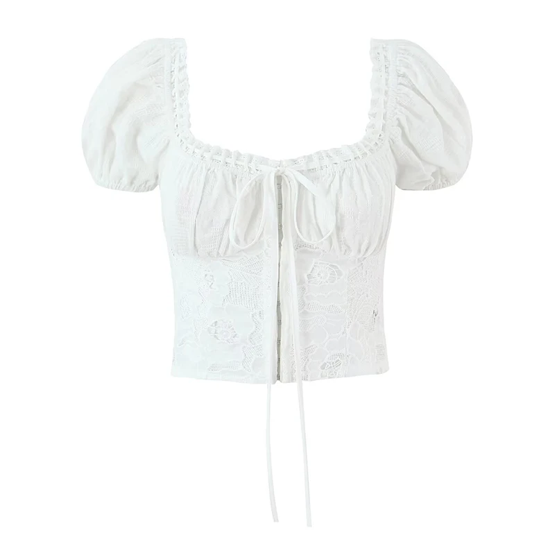 

YENKYE Lace Patchwork White Crop Top Women Sexy Off Shoulder Puff Sleeve Cotton Holiday Summer Tops