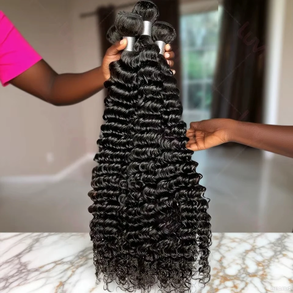 

Вьющиеся волосы с глубокими волнами, 30 32 дюйма, 100% плетение человеческих волос, 3/4 пучка, бразильский натуральный цвет, машина для наращивания, двойной уток