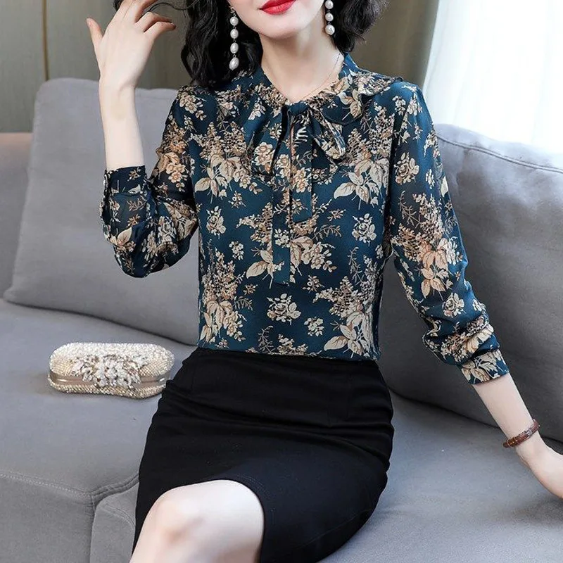 Vintage Floral Print Ruffle Lace Up Bow Elegant Chic Office Lady Button Up Shirt Fashion Long Sleeve Slim Tops Blouses for Women