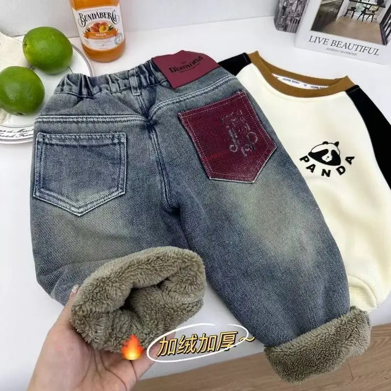 Boys' Children's Plush Thick Pants Lamb Fleece Jeans Autumn/Winter New Collection Baby One piece Plush Warm Pants Children's