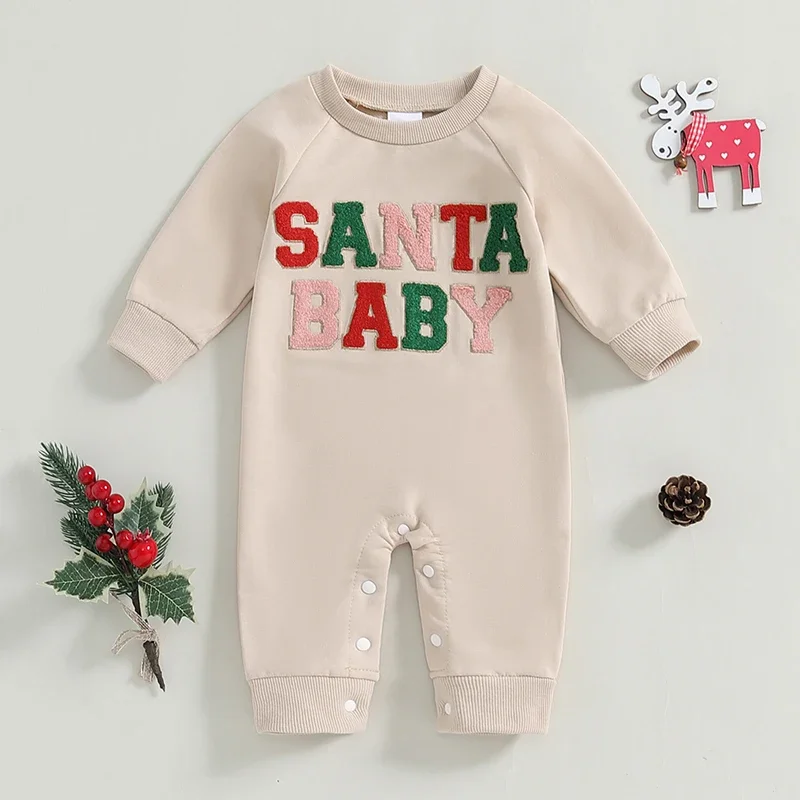 Christmas Newborn Baby Boys Girls Rompers Long Sleeve Round Neck Letter Embroidery Patchwork Sweatshirts Jumpsuits Overalls