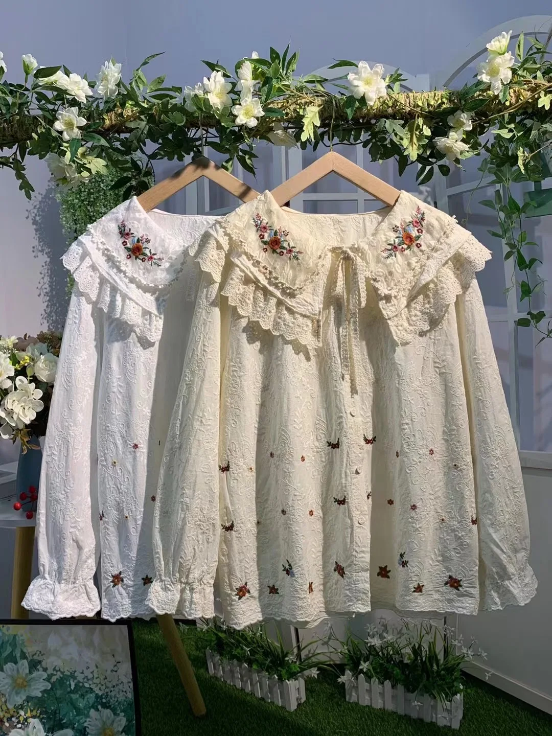 

Spring Forest Sle Double Layer Embroidered Large Collar Sve Long Cotton irt Pure Color Loose College Sle Women's irt