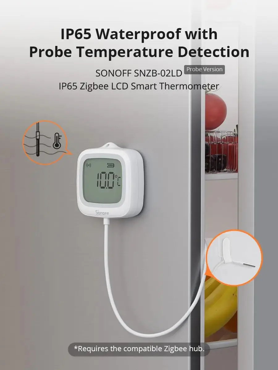 SONOFF SNZB-02LD Zigbee3.0 LCD Smart Thermometer with Probe IP65 Waterproof for Fridge Pool Fish tank Wine Cellar via ZBBridge-P
