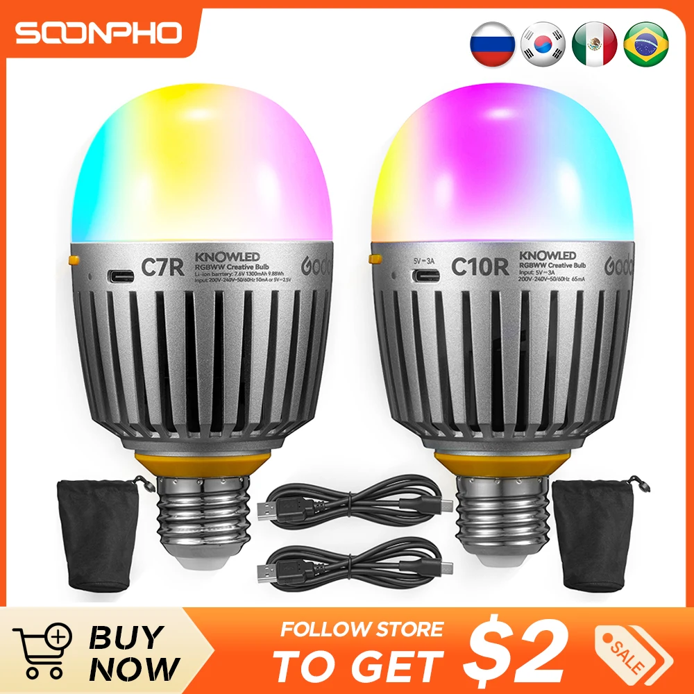 

Godox C7R C10R RGB Bulb Bluetooth Adjustable Lighting Bulb Portable Built-In Battery Studio Light Bulb Magnetic RGB LED Light