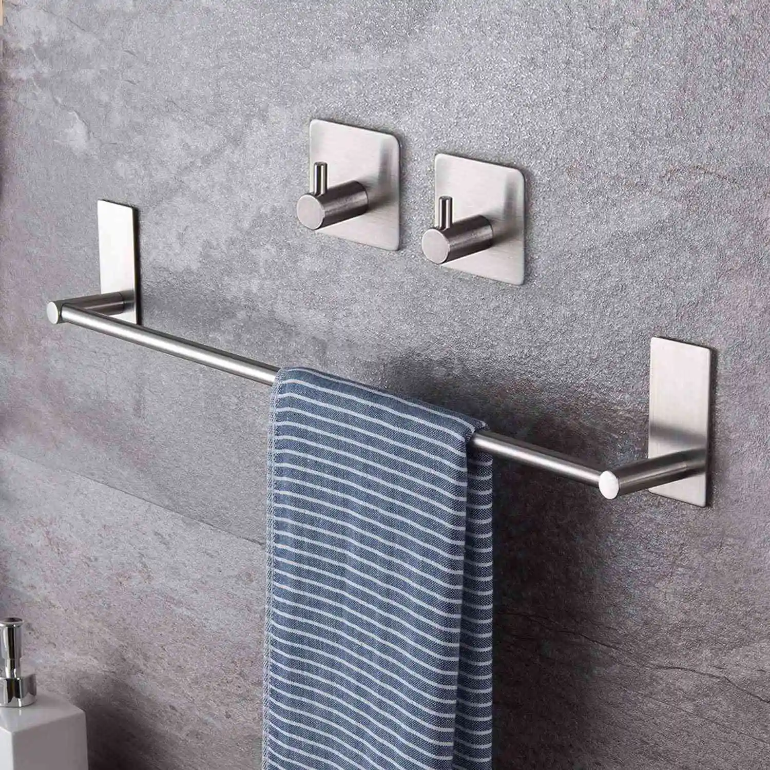 Towel Holder with 2 Packs Adhesive Hooks 16-Inch Hand Towel Rack Towel Hook Stick on Wall, Bathroom Hardware Silver