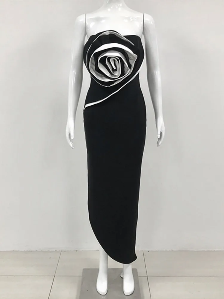 New Women Celebrity Sexy Strapless Backless Flower Black Maxi Long Bodycon Bandage Dress 2024 Elegant Evening Club Party Outfit