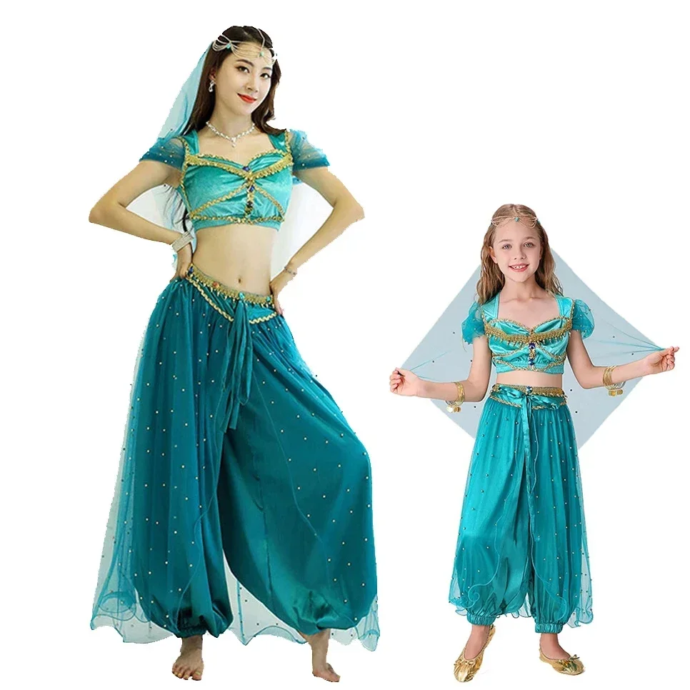 

Arabian Princess Costume for Girls Dress Up Birthday Halloween Party Jasmine Princess Fancy Outfit 3 Pieces Set Top Pant Veil