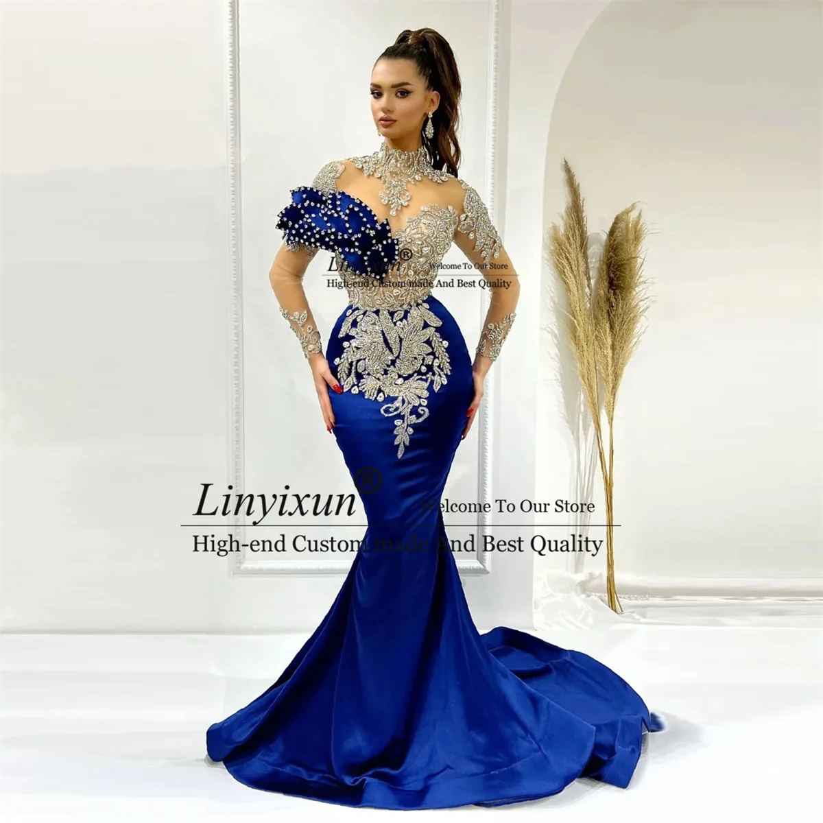 Royal Blue Mermaid Prom Dress Heavy Beading Arabic Dubai Evening Party Gowns for Wedding Pageant Long Sleeves vestidos de noche