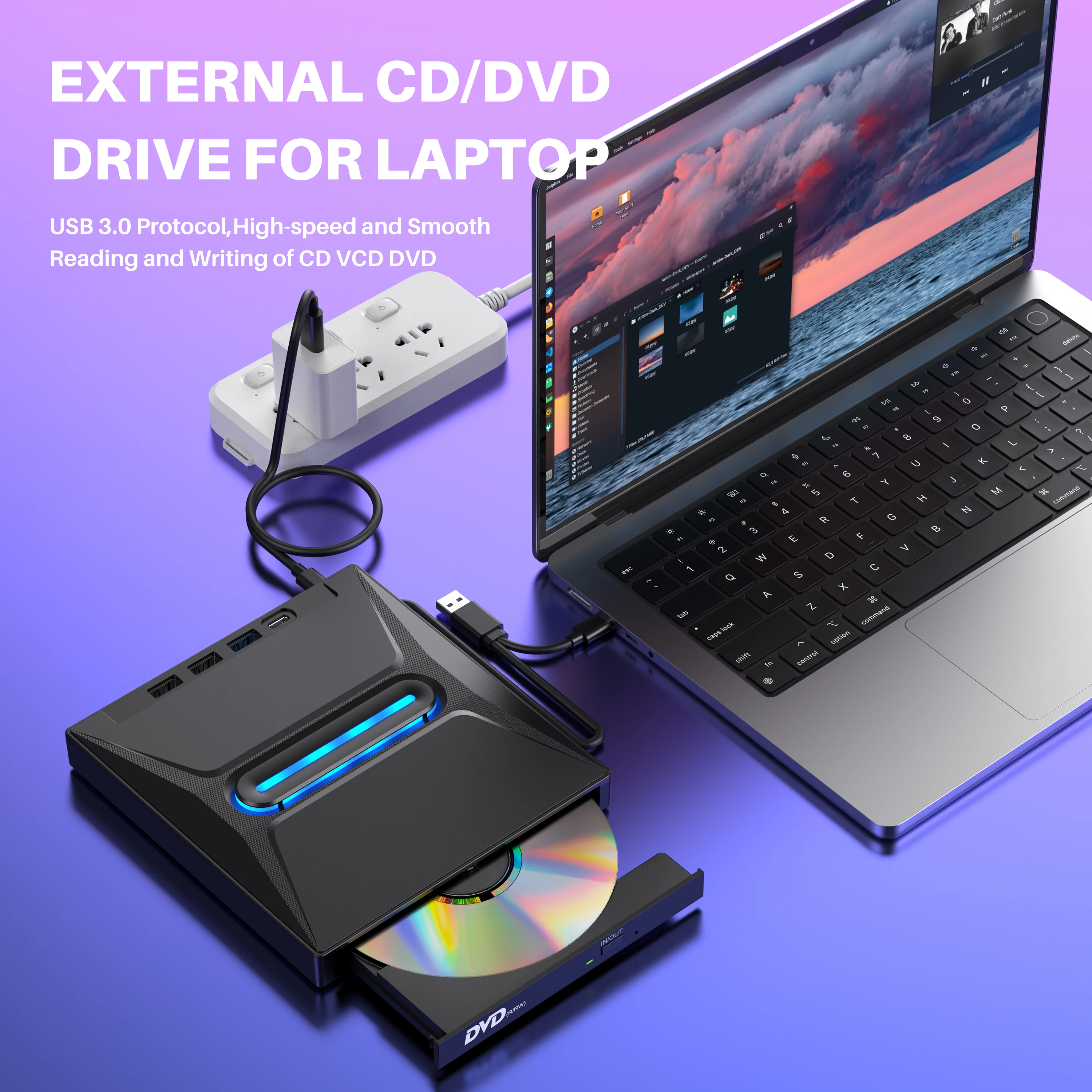 Externes DVD CD USB 3.0 & Type-C CD/DVD +/-RW DVD Drive mit SD TF Card Reader USB-Stick Port for Laptop Desktop